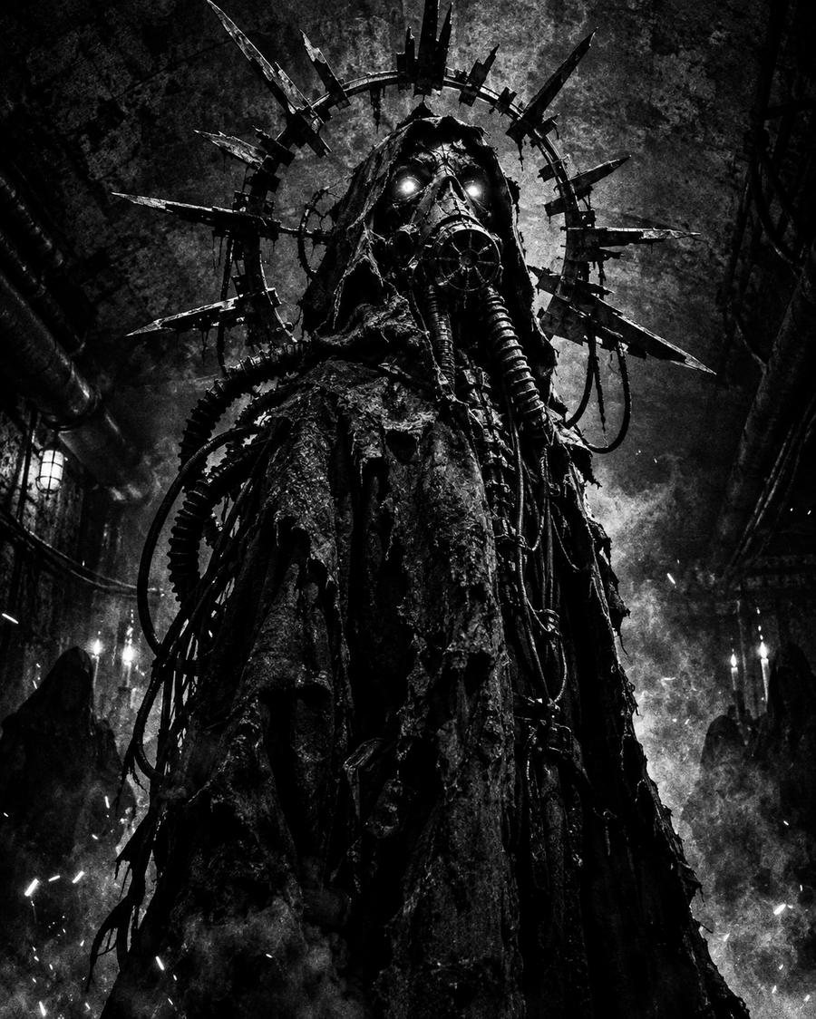 A hooded mutant figure in a gas mask with a broken spiked halo, standing in an underground bunker