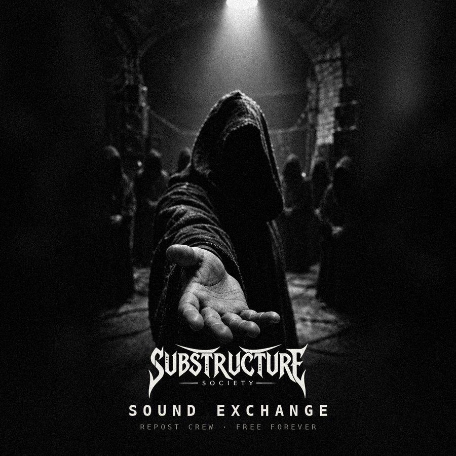 A hooded figure reaching a hand toward you in a candlelit underground chamber, with the Substructure Society Sound Exchange logo